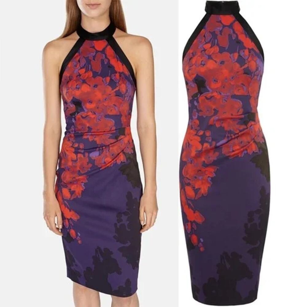 Karen Millen Dress Halter Floral Satin Cocktail Purple Red Black Designer Size 6